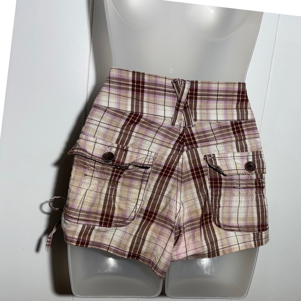 Y2K VTG Mcbling Plaid Low Rise Ruched Side Tie Shorts Brown Purple Size 5/6 Indi - Picture 2 of 14